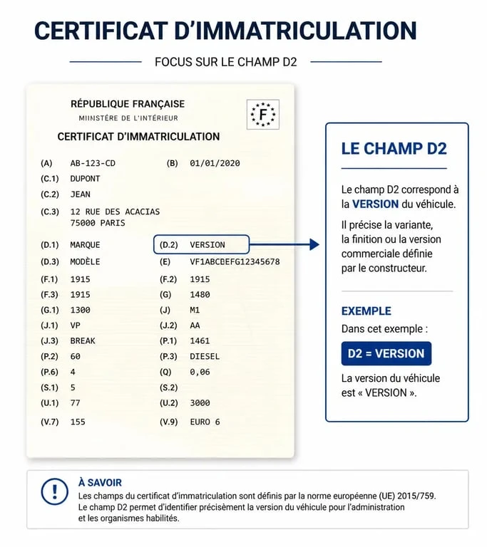 Emplacement du champ D2 sur une carte grise pour identifier le type, la variante et la version du véhicule