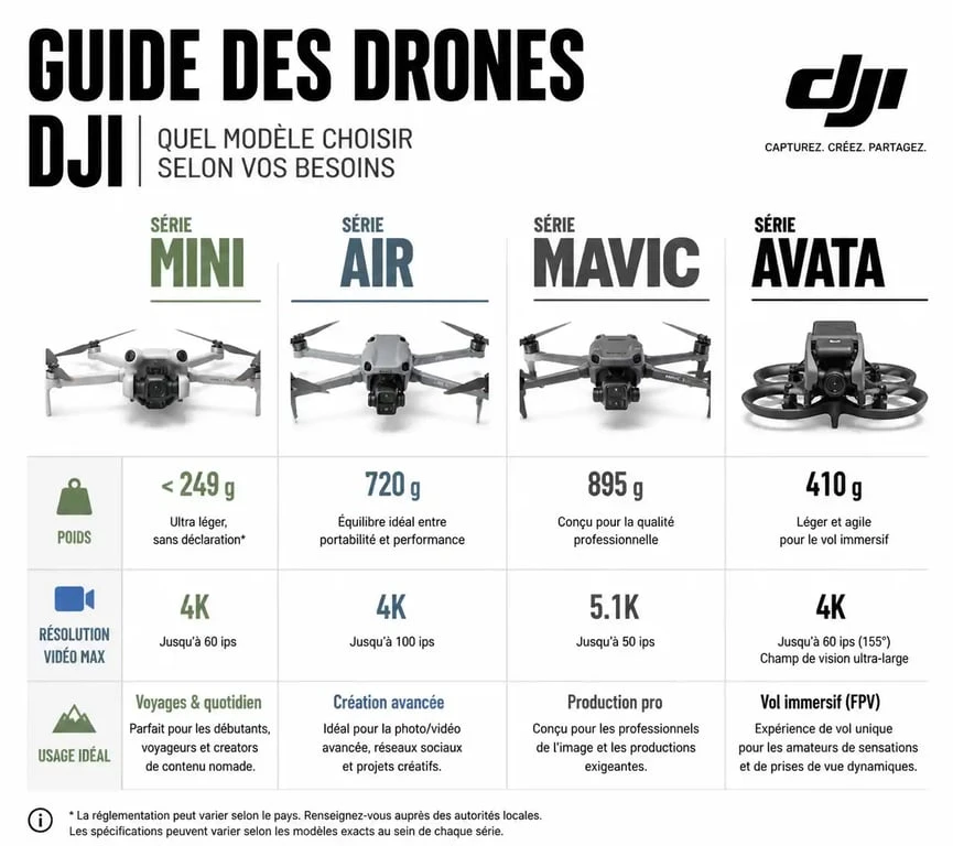 Infographie comparative des drones DJI : poids, résolution vidéo et usage idéal pour choisir son modèle.