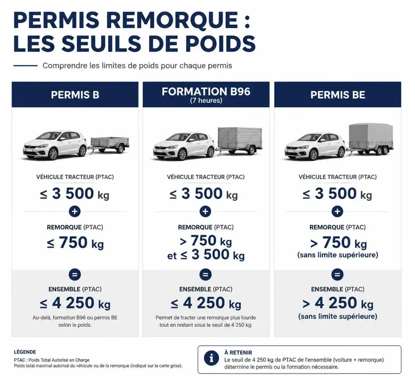 Infographie des seuils de poids pour le permis BE et les catégories de remorques