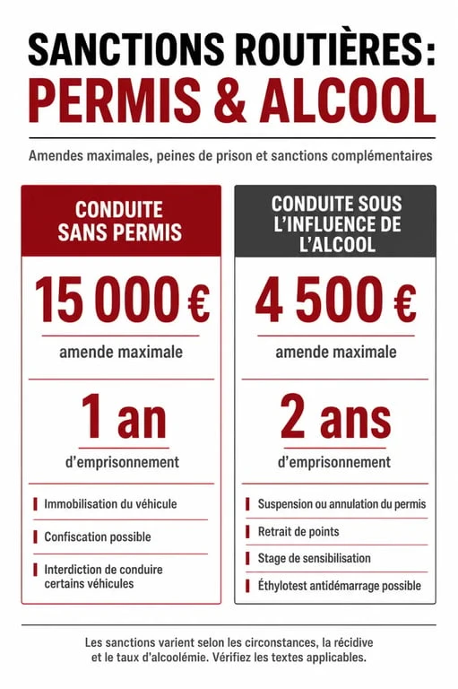 Infographie des sanctions pénales pour conduite sans permis avec alcoolémie positive