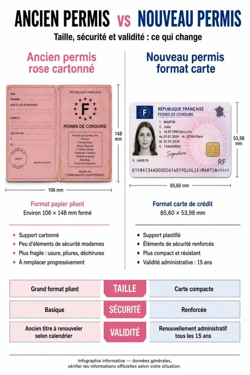 Comparatif visuel entre l'ancien permis de conduire rose et le nouveau permis de conduire format carte de crédit