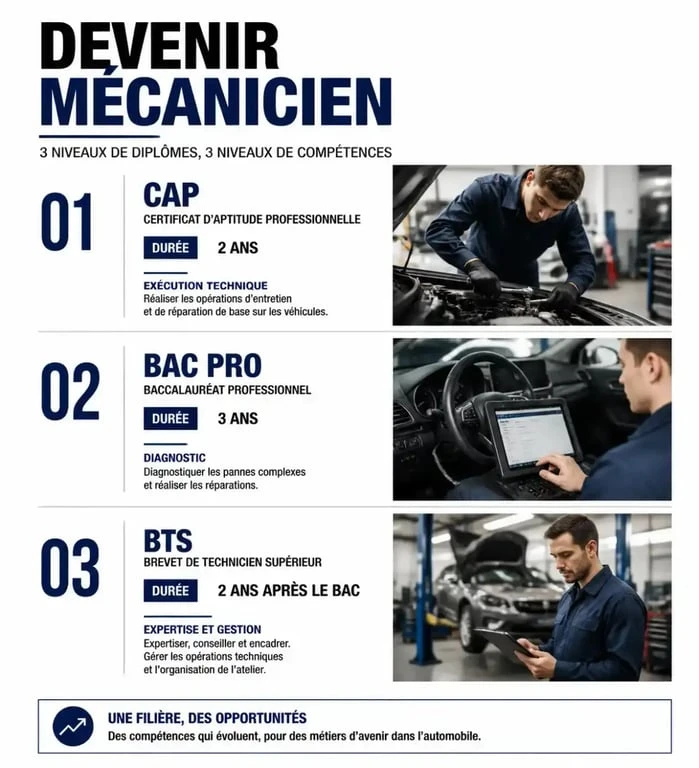 Infographie des diplômes pour devenir mécanicien : CAP, Bac Pro et BTS