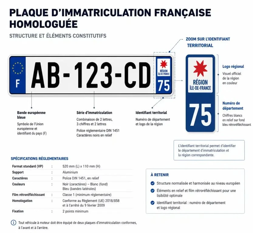Schéma explicatif d'une plaque d'immatriculation française homologuée avec identifiant territorial et département