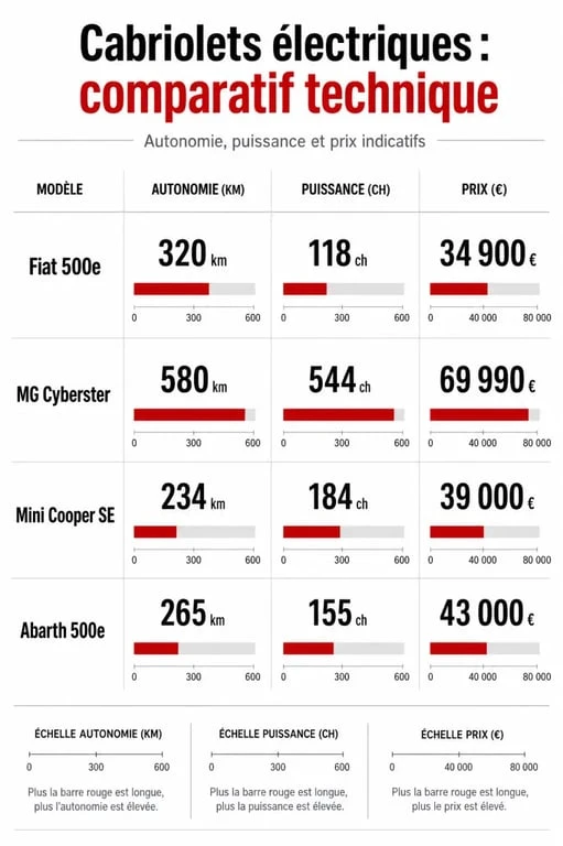 Comparatif technique des meilleurs cabriolets électriques du marché : autonomie, puissance et prix