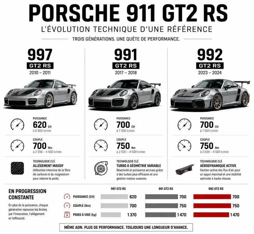 Comparatif technique des générations Porsche 911 GT2 RS 997, 991 et 992