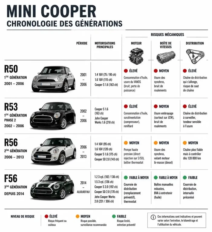 Infographie des modèles de Mini Cooper à éviter lors d'un achat d'occasion, récapitulatif des pannes par génération.