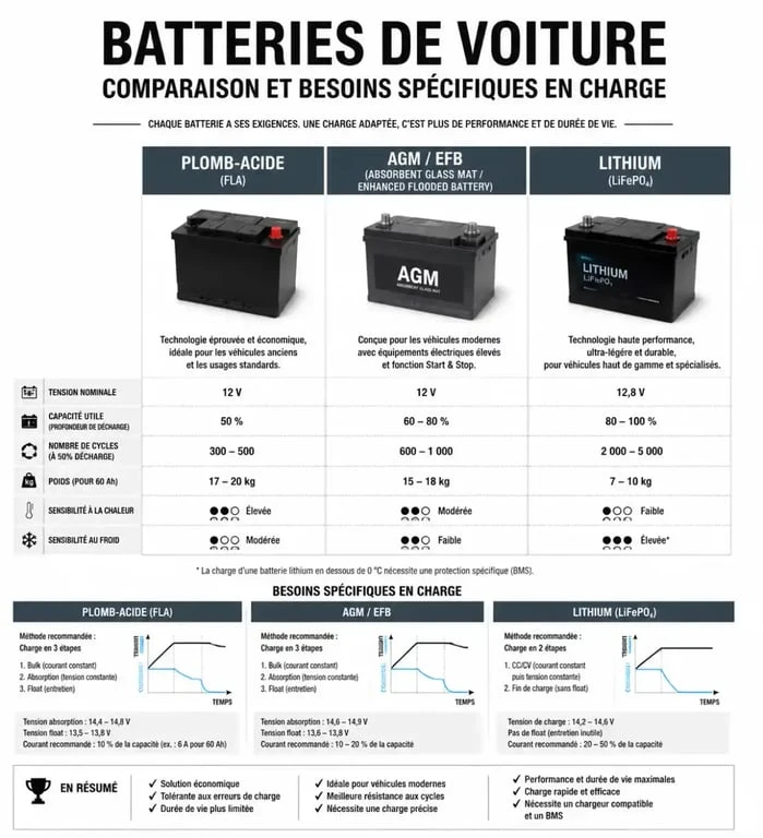Infographie comparative des types de batteries de voiture pour choisir le meilleur chargeur de batterie voiture