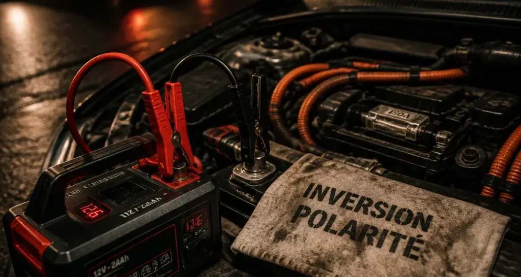 Mauvais branchement câble démarrage : inversion polarité batterie et masse moteur