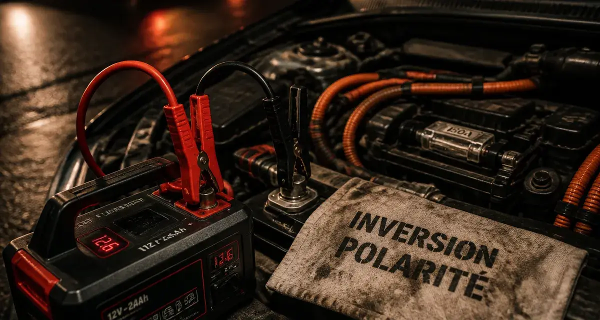 Mauvais branchement câble démarrage : inversion polarité batterie et masse moteur