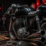 Moto cafe racer noire dans un garage nocturne, look authentique