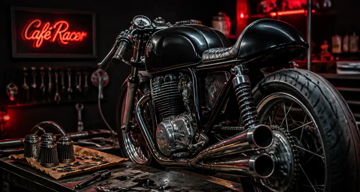 Moto cafe racer noire dans un garage nocturne, look authentique