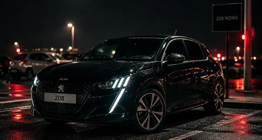 Peugeot 208 noire de nuit, jantes et feux LED allumés
