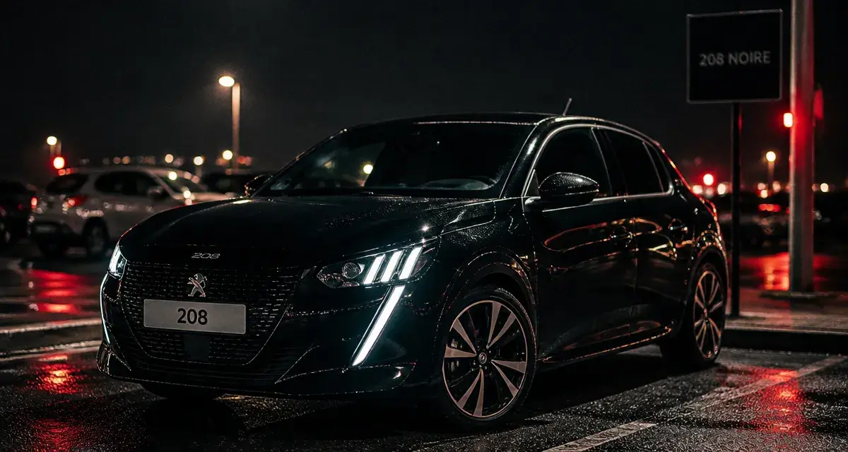 Peugeot 208 noire de nuit, jantes et feux LED allumés