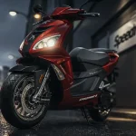 Peugeot Speedfight 4 sur bitume noir, rouge et jantes chromées, photo de scooter sportif