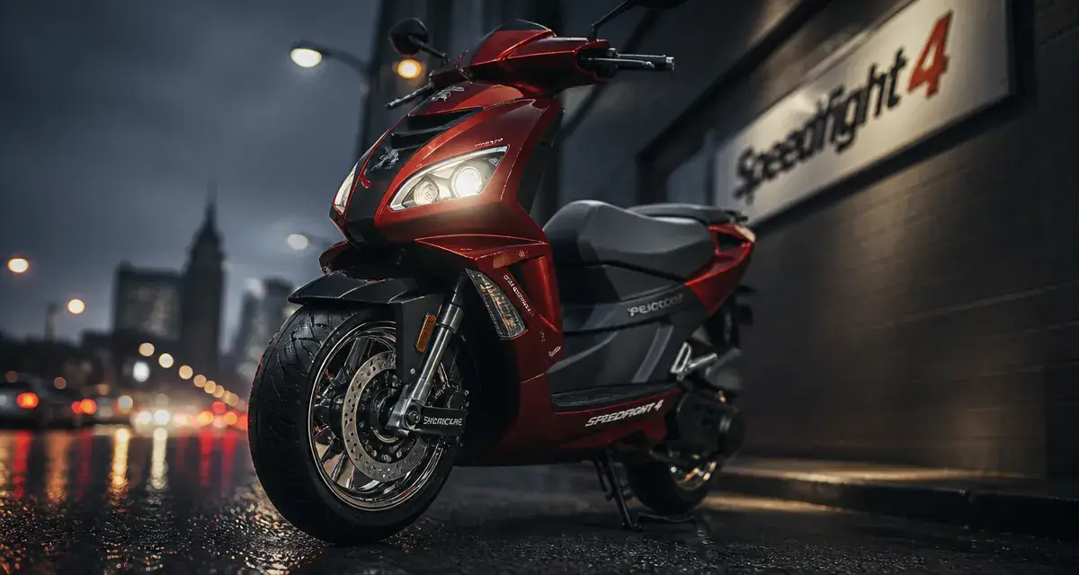 Peugeot Speedfight 4 sur bitume noir, rouge et jantes chromées, photo de scooter sportif