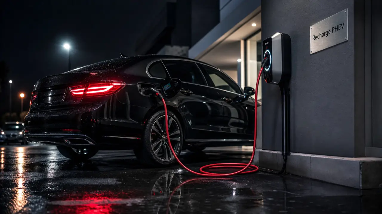 Comment se recharge une voiture hybride : voiture PHEV branchée à une borne murale