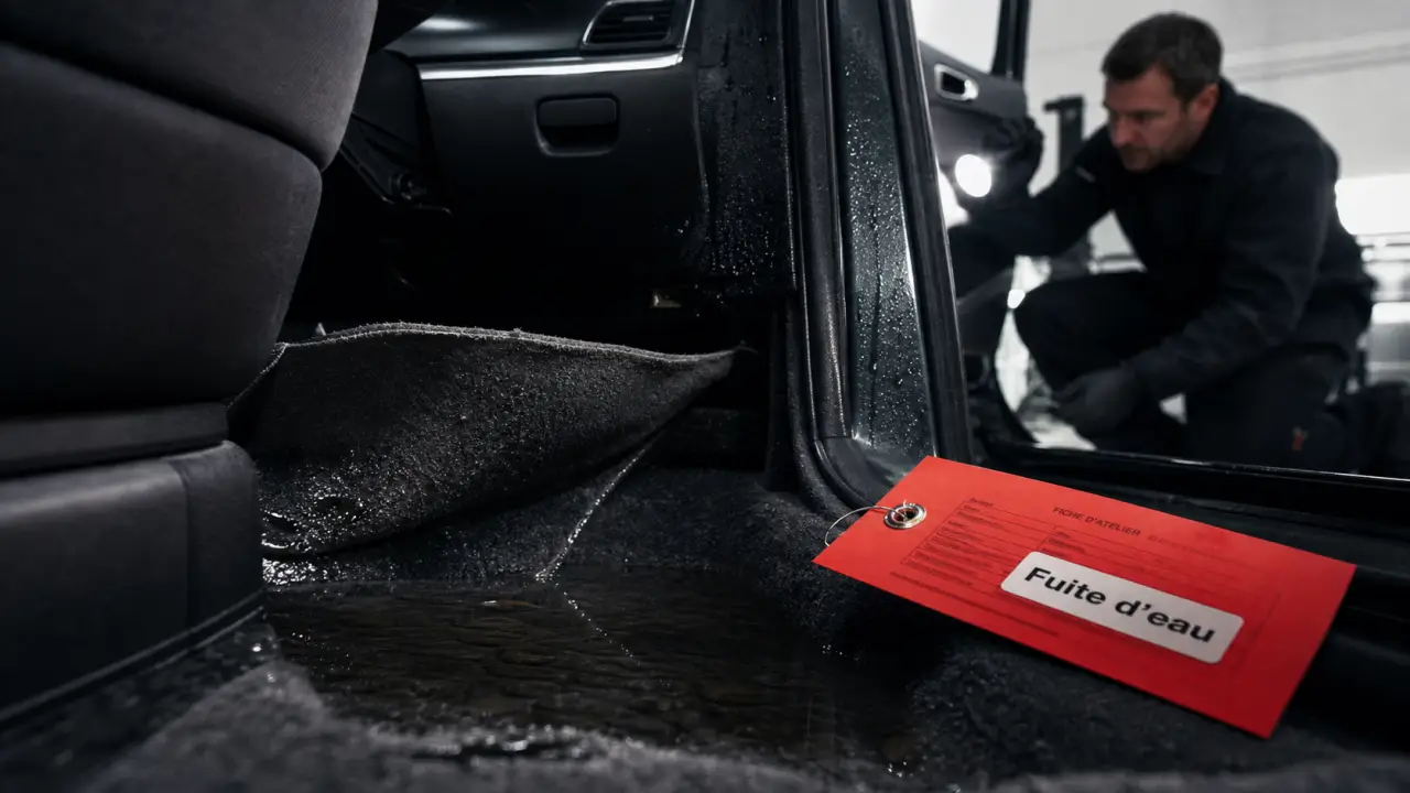 Eau qui rentre dans la voiture côté passager : fuite sous tapis et traces dans la moquette