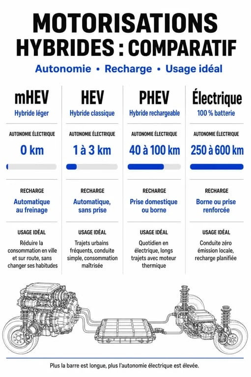 Infographie comparative des technologies de voitures hybrides pour choisir son modèle