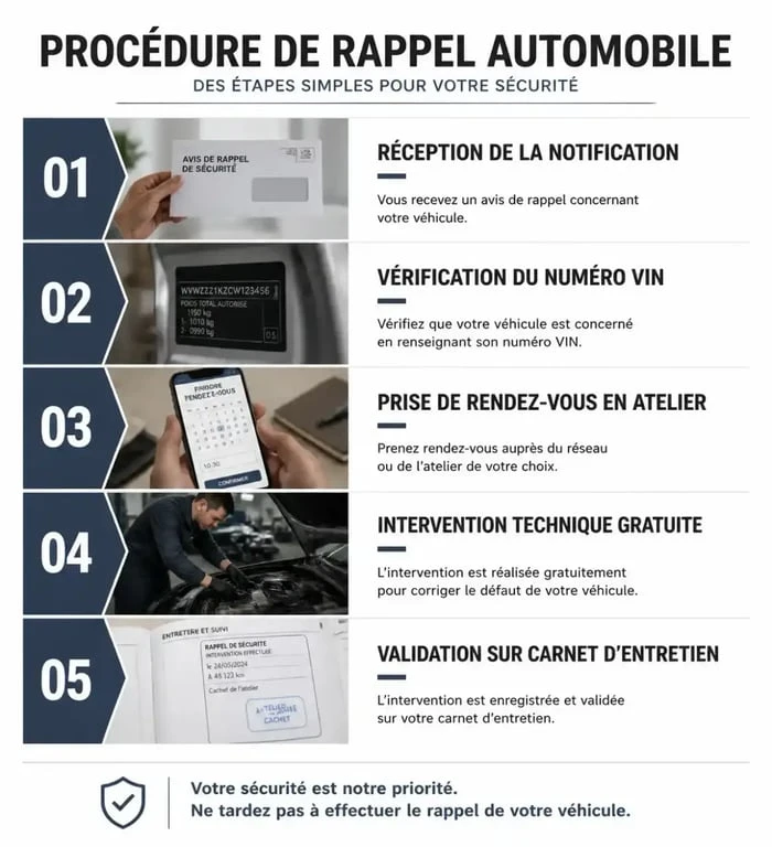 Infographie des étapes d'une procédure de rappel moteur Stellantis pour les propriétaires de véhicules