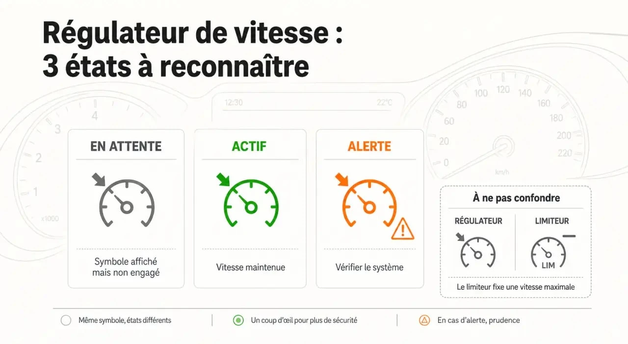 Symbole regulateur de vitesse sur tableau de bord avec états gris, vert et orange