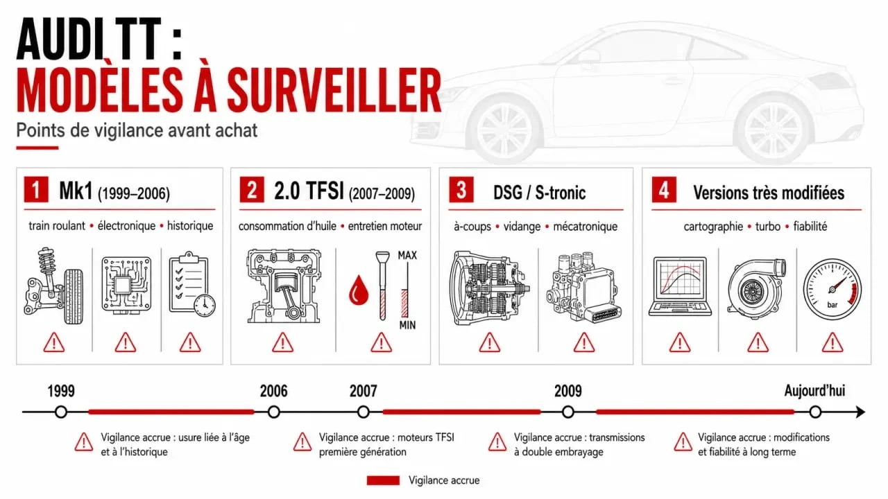 Audi TT modèle à éviter : illustration comparative des versions et défauts à surveiller