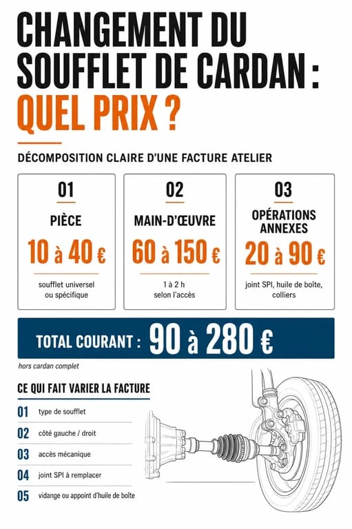 Infographie sur le changement soufflet de cardan prix avec fourchettes de coût, pièce, main-d’œuvre et facteurs de variation