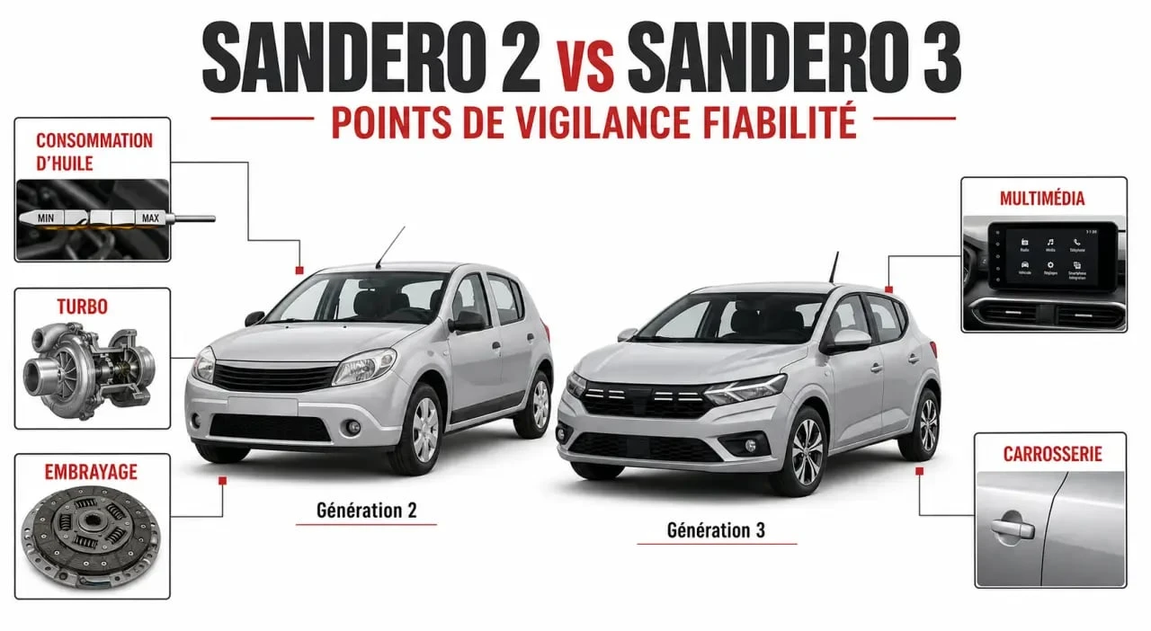 Fiabilité Dacia Sandero : comparaison éditoriale entre Sandero 2 et Sandero 3 avec points de vigilance