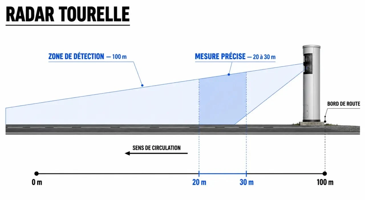 Schéma du fonctionnement technique d'un radar tourelle et sa distance de flash