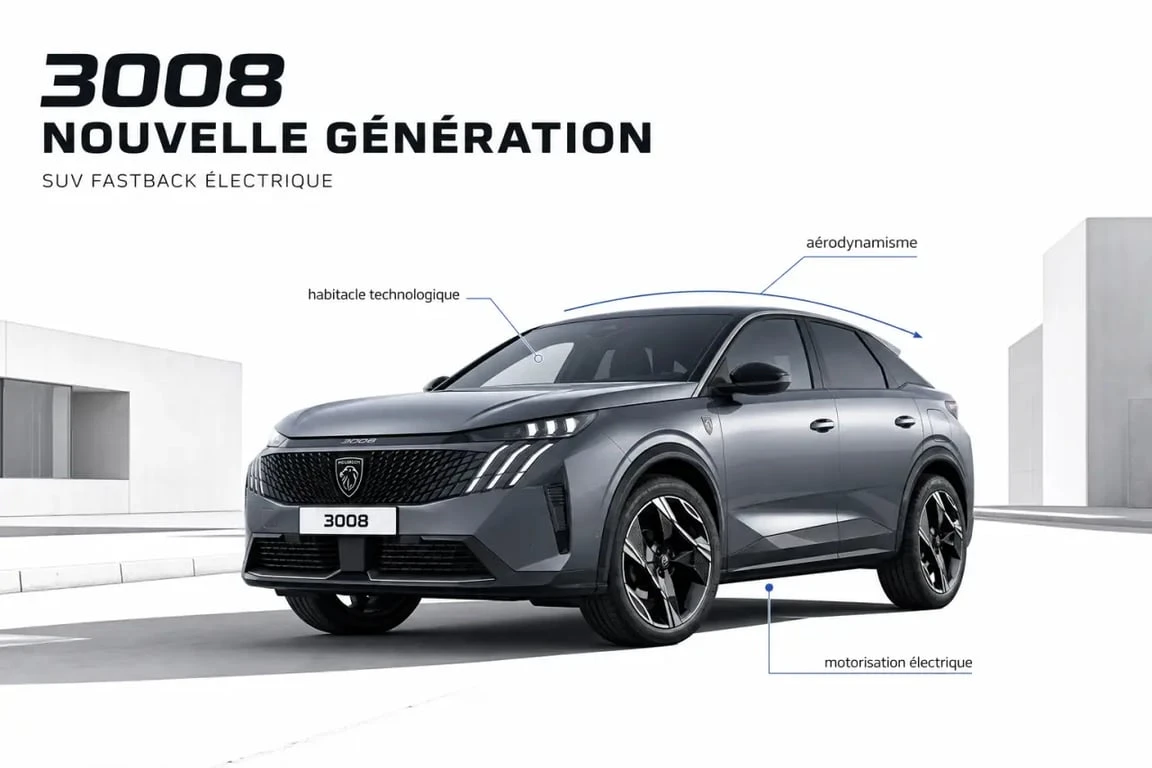 Nouvelle 3008 de Peugeot en vue trois-quarts avant, silhouette SUV fastback moderne