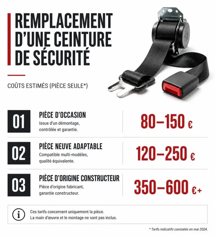 Infographie des prix de remplacement d'une ceinture de sécurité : occasion, neuf adaptable et origine constructeur
