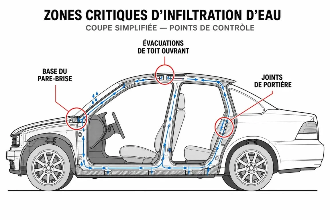 Schéma des zones d'infiltration d'eau dans une voiture côté passager