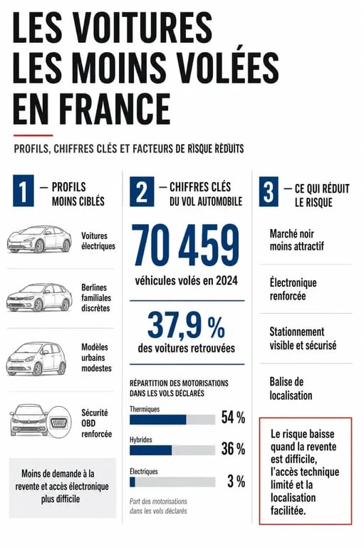 Infographie sur les voitures les moins volées en France, avec chiffres clés et facteurs de risque