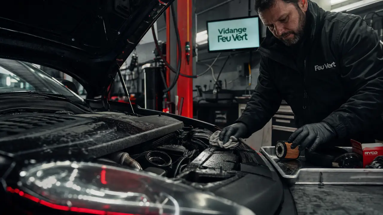 Feu vert forfait vidange : mécanicien change filtre à huile au garage