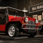 Mini Moke en atelier, détails chromés et peinture rouge
