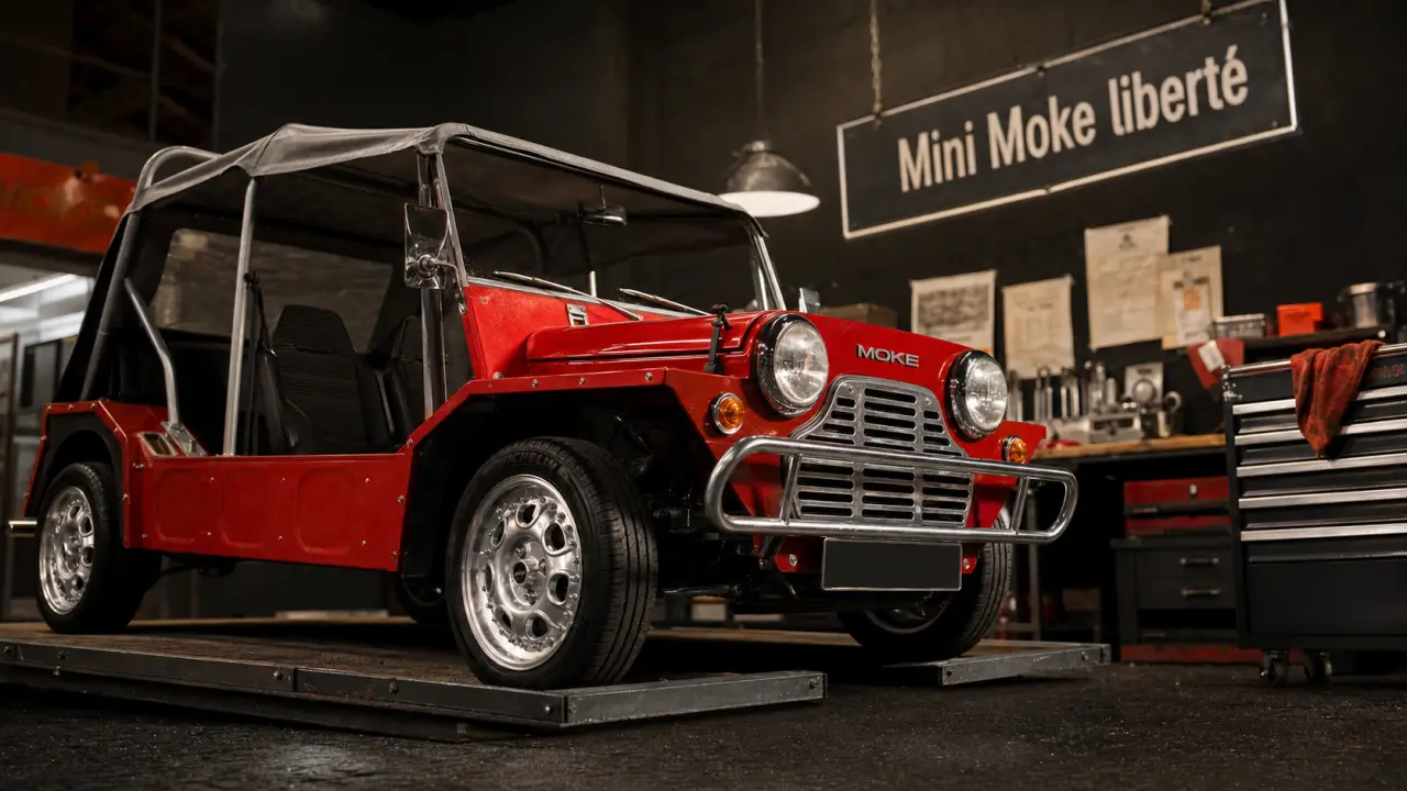 Mini Moke en atelier, détails chromés et peinture rouge