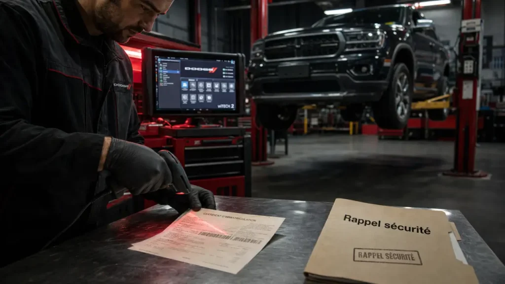 Rappel moteur Stellantis : technicien scanne le VIN et vérifie le véhicule en atelier