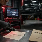 Rappel moteur Stellantis : technicien scanne le VIN et vérifie le véhicule en atelier