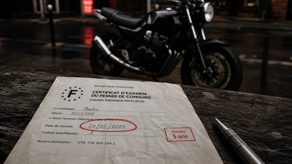 Validité code moto 5 ans : attestation ETM et date de réussite