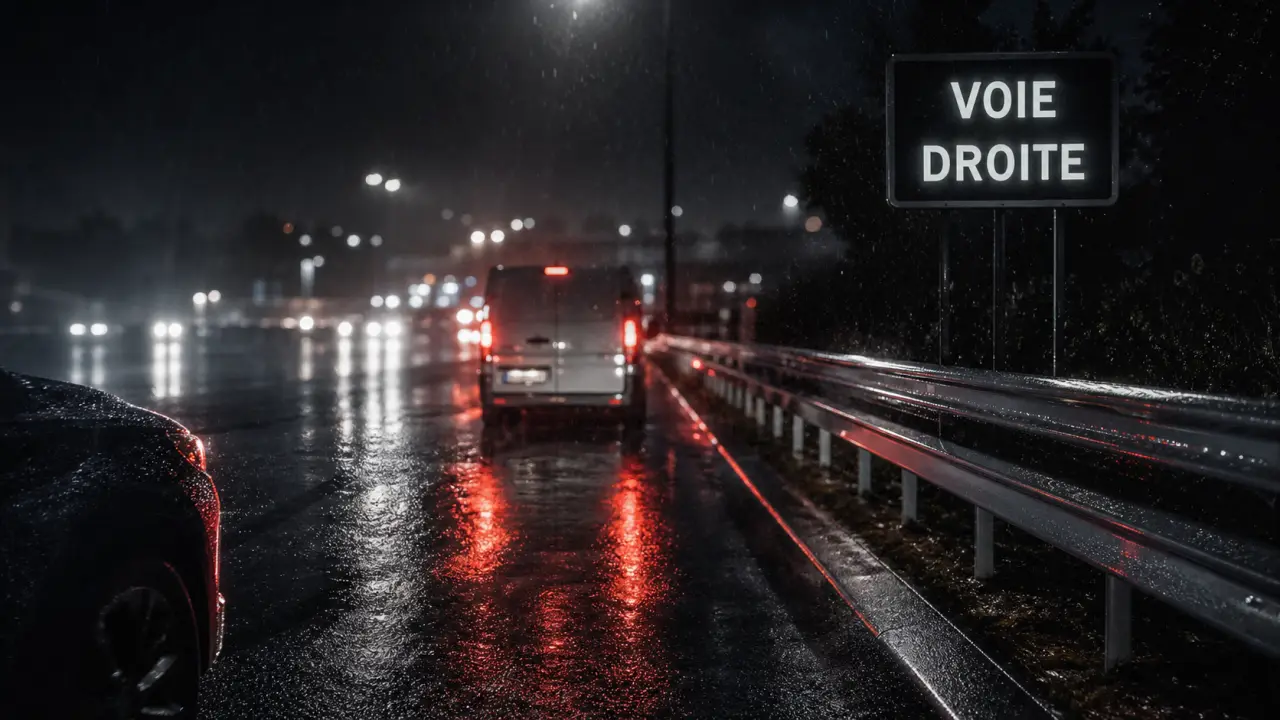 Vitesse minimum sur autoroute à droite : voie droite la nuit sous la pluie
