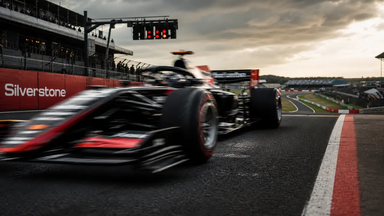 Circuit silverstone : F1 noire et rouge sur l’asphalte, départ/stands