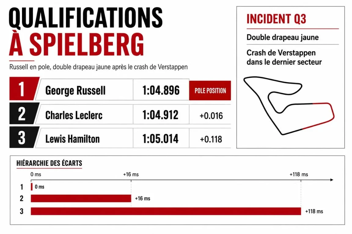 qualification f1 : George Russell en pole position à Autriche 2026 devant Leclerc et Hamilton après un double drapeau jaune