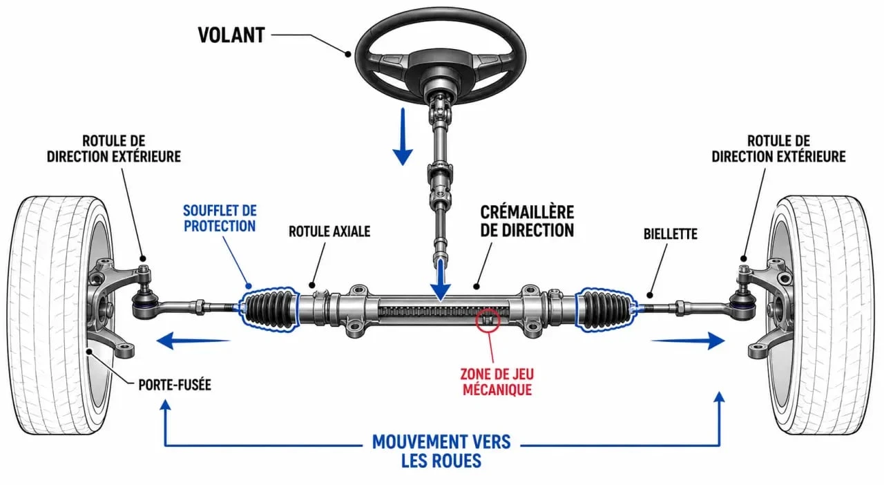 Schéma de la rotule de direction sur le train avant d’une voiture, avec rotule extérieure et rotule axiale