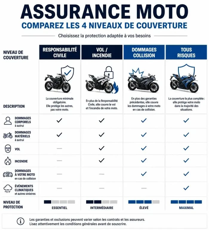 Infographie comparative des formules d'assurance moto CFMOTO pour choisir la meilleure protection.