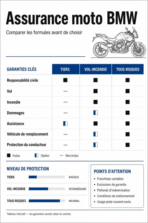 Assurance moto BMW : comparaison visuelle des formules tiers, vol-incendie et tous risques