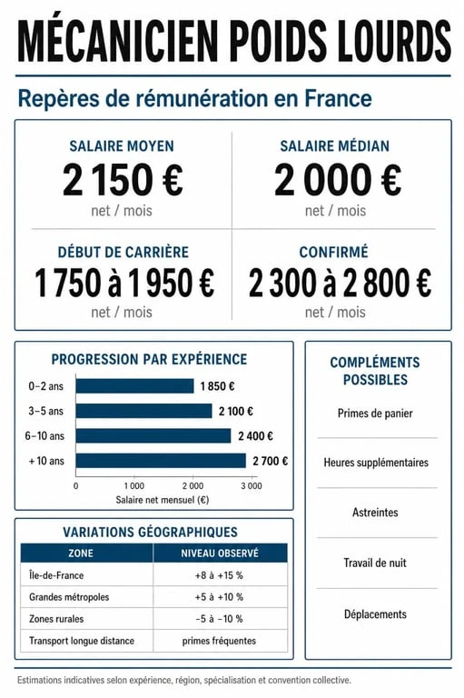 Infographie sur le mécanicien poids lourds salaire avec comparaison des niveaux de rémunération, de l’expérience et des primes