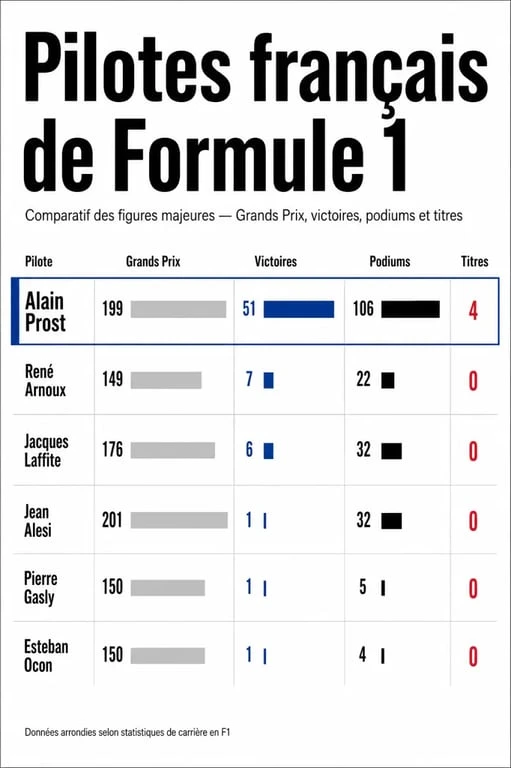 Formule 1 français : infographie des principaux pilotes français et de leurs records
