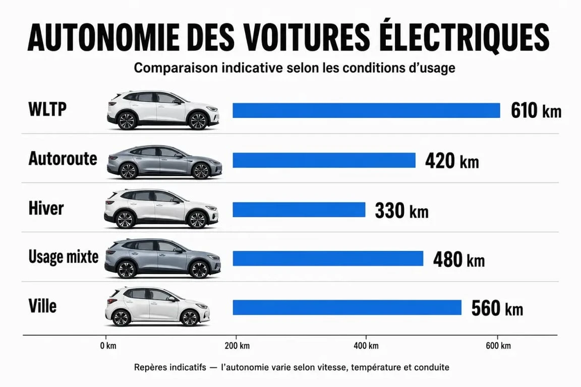 Tableau autonomie voiture électrique : comparaison visuelle des autonomies WLTP et des facteurs qui influencent l’autonomie réelle