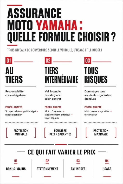 Assurance moto Yamaha : comparaison visuelle des formules tiers, intermédiaire et tous risques
