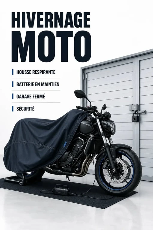 Hivernage moto assurance : moto remisée dans un garage fermé avec conseils de préparation avant l’hiver