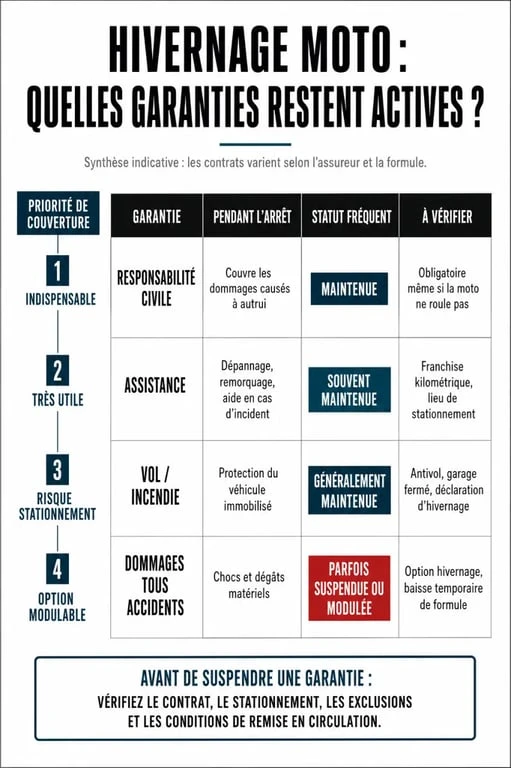 Infographie sur l’hivernage moto assurance : garanties maintenues et suspendues pendant l’arrêt